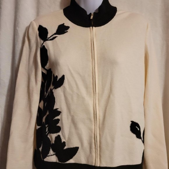 St. John 100% Wool Beige/Black Floral Full Zip Car - Picture 3 of 7